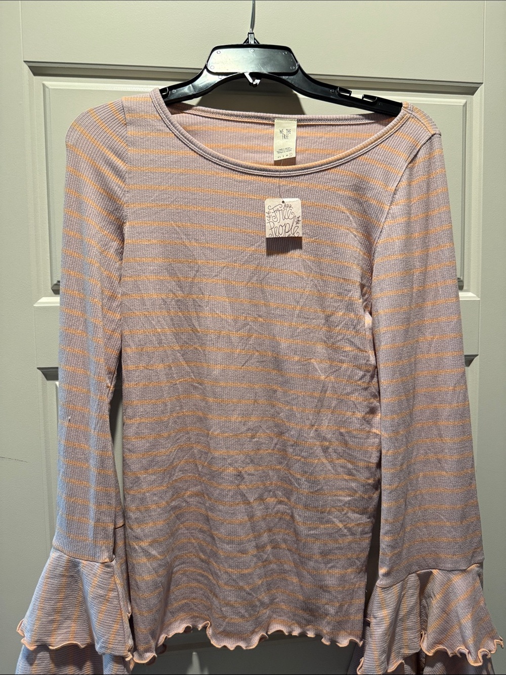 Free People Lavender & Peach Striped Ruffle Cuff Long Sleeve Top